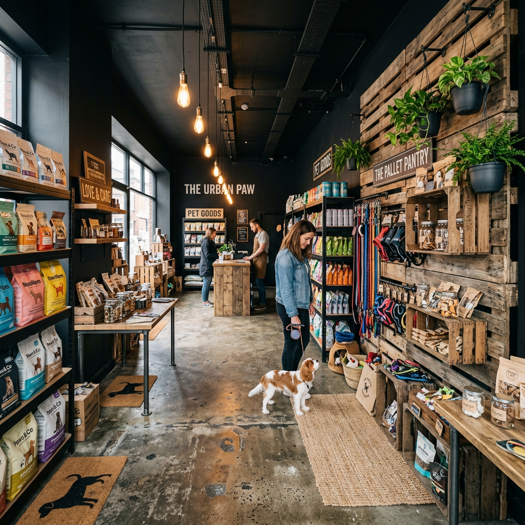 Woman with dog looking at pet supplies in a modern pet store